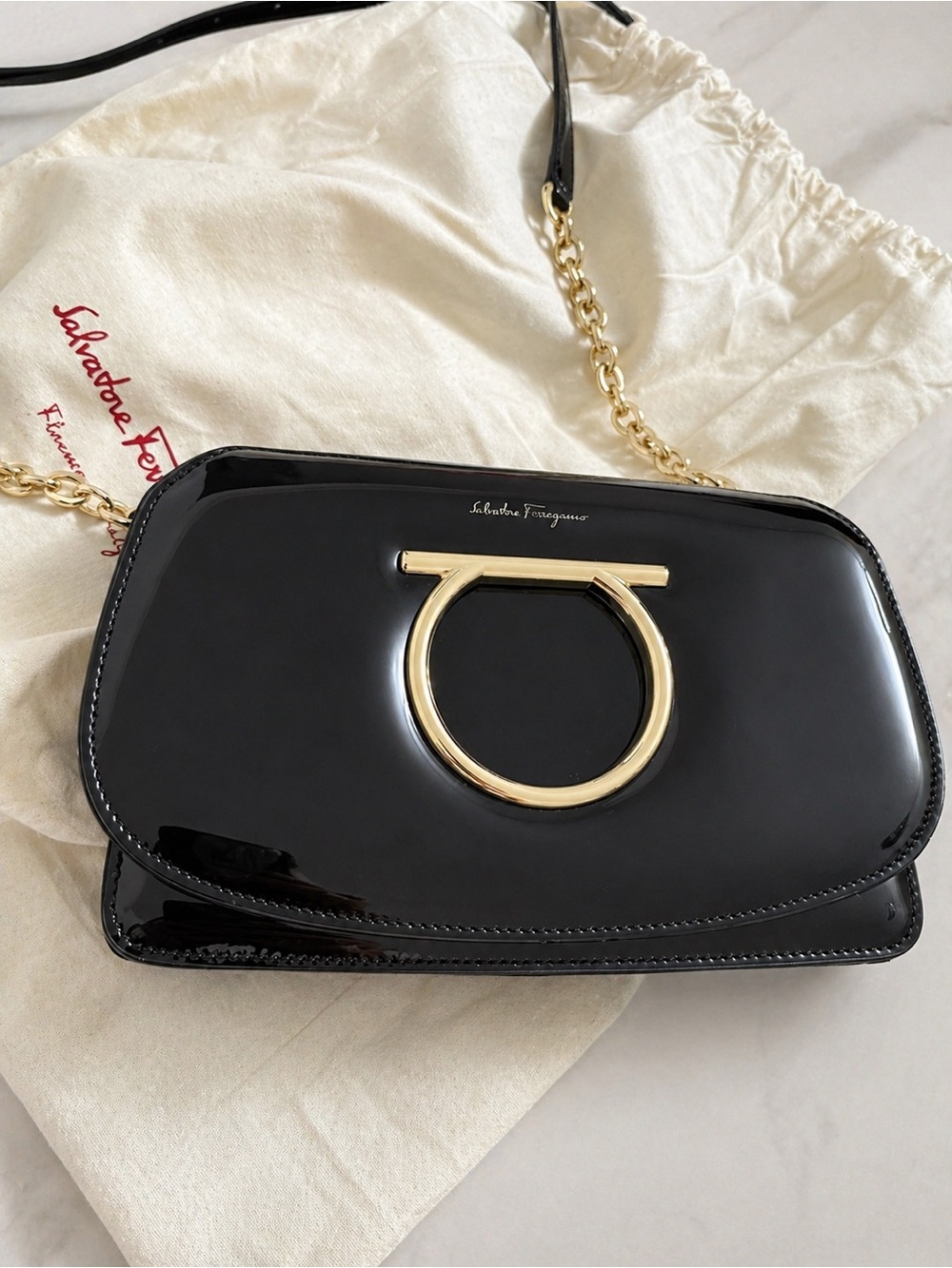 Salvatore Ferragamo Black Patent Vara Gancini Crossbody Bag